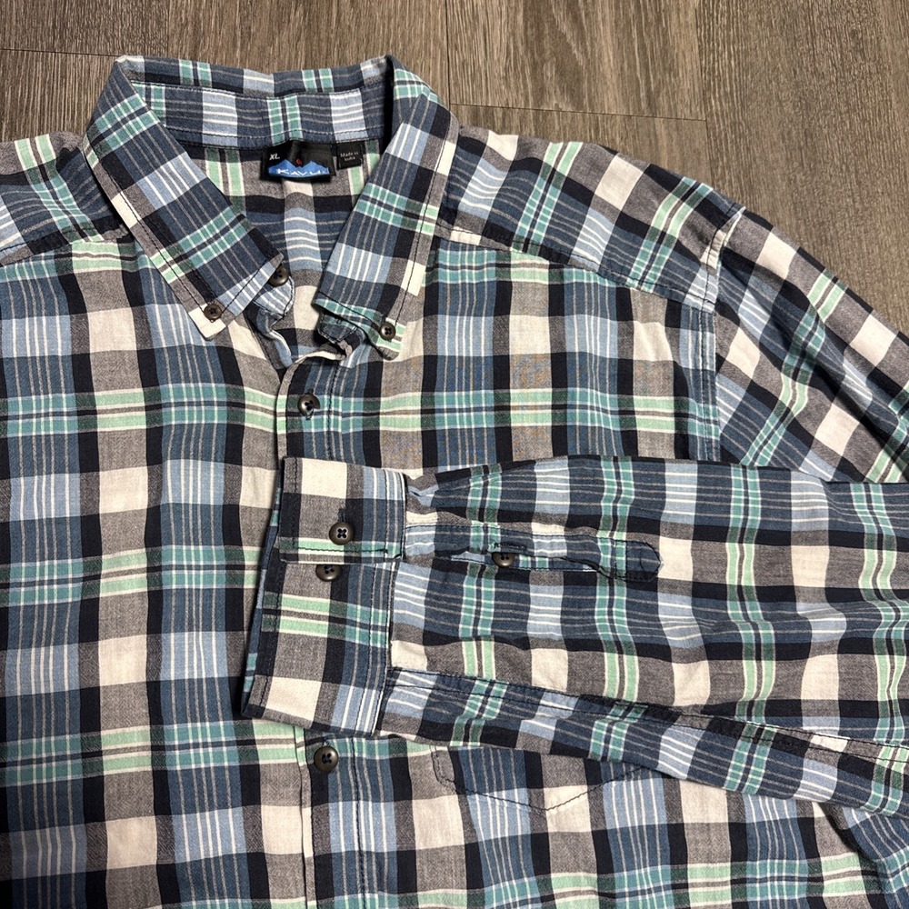KAVU Shirt Mens XL Blue Teal Plaid Button Down Long Sleeve Flannel Soft